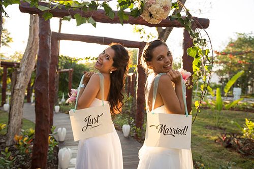 Lesbian Couple With Just Married Signs Sandos Playacar Beach